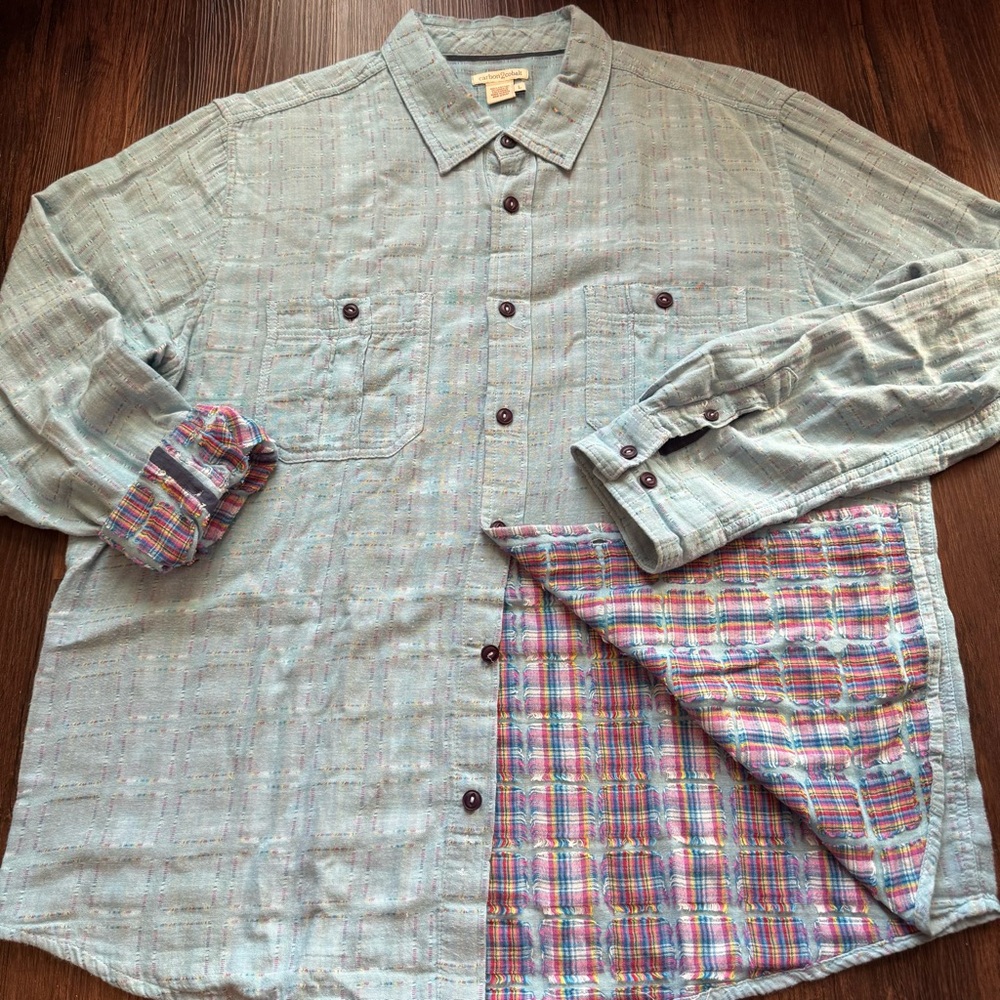 Carbon2Cobalt Shirt Mens Large Patchwork Chambray Button Gauzy Beach Summer Soft